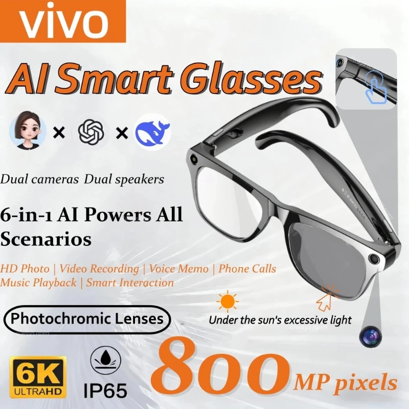 VIVO 6K AI نظارات ذكية 800 واط بكسل فوتوكروميك متعدد الوظائف بلوتوث HD دعوة صوت مساعد مشغل موسيقى ستيريو ترجمة