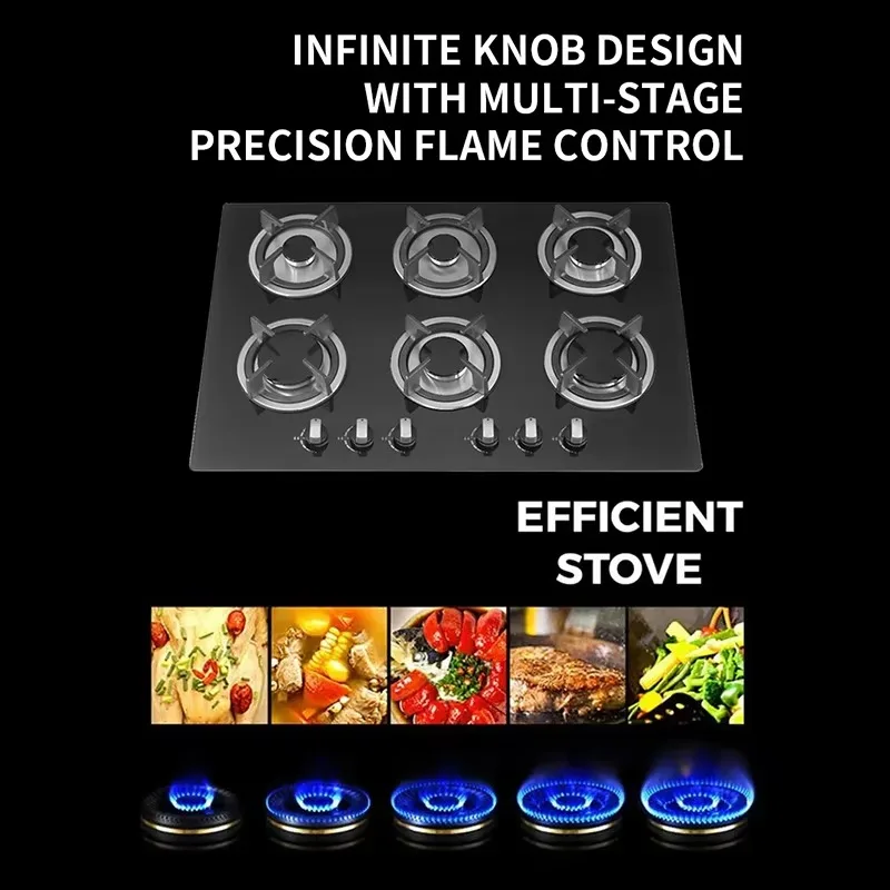 6 Burners Built In Gas Hob Tempered Glass Gas Cooktop Electronic Ignition Flame Out Protection Brass Burner Gas Stove OEM ODM