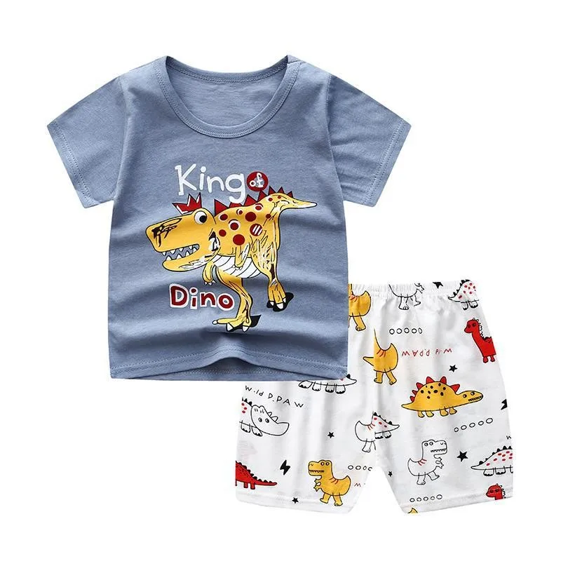 Kids Casual Short Sleeve Sets Dinosaur Print Tshirt Loose Shorts Two Piece Suit New Children Cute Fashion Tracksuits Outer Wear