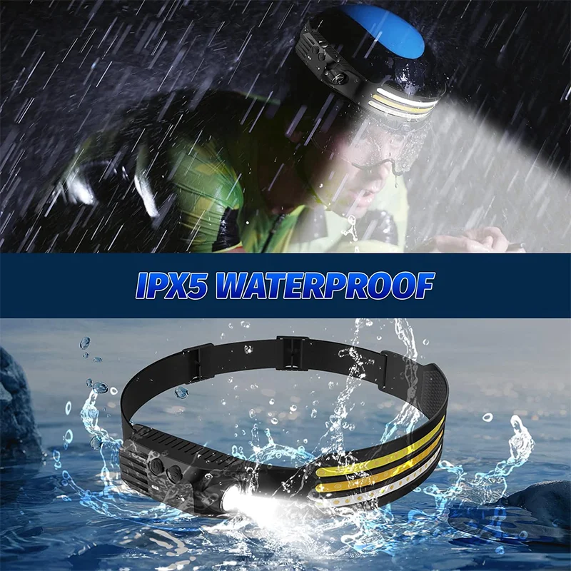 Head Led Light Sensor HeadLight USB Rechargeable Built-in Battery Flashlight Head Torch 5 Lighting Modes Waterproof Headlight