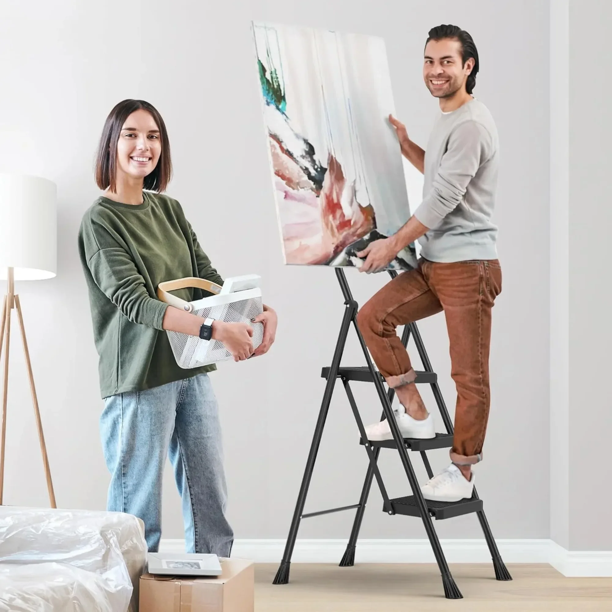 سلم قابل للطي بثلاث خطوات للبالغين، دواسة واسعة مضادة للانزلاق وتصميم مريح، مقعد خفيف الوزن للمطبخ والمرآب والمنزل