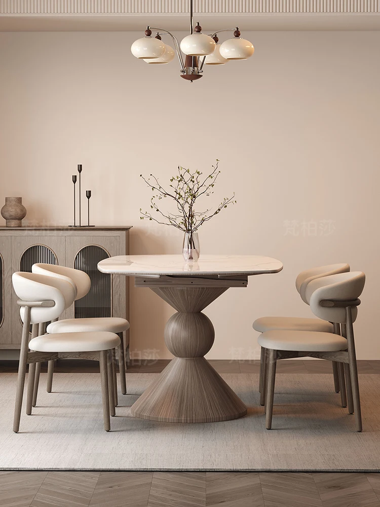 

Antique retractable rock dining table Simple modern household small-sized French retro round solid wood dining table and chair