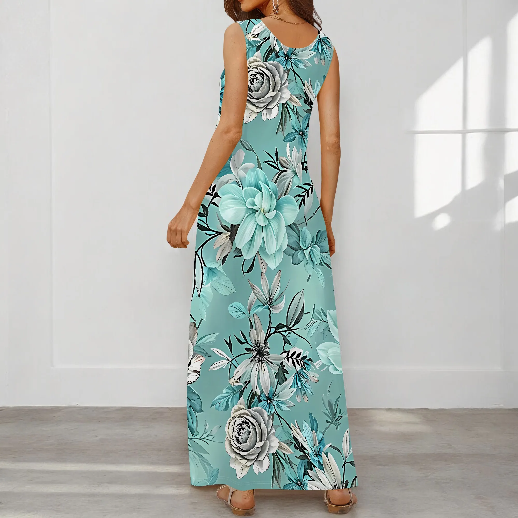 EQQZD Elegant Floral Print Round-Neck Maxi Dress, Sleeveless Wide Shoulder Strap Dress w/Pocket, Casual & Stylish Dress