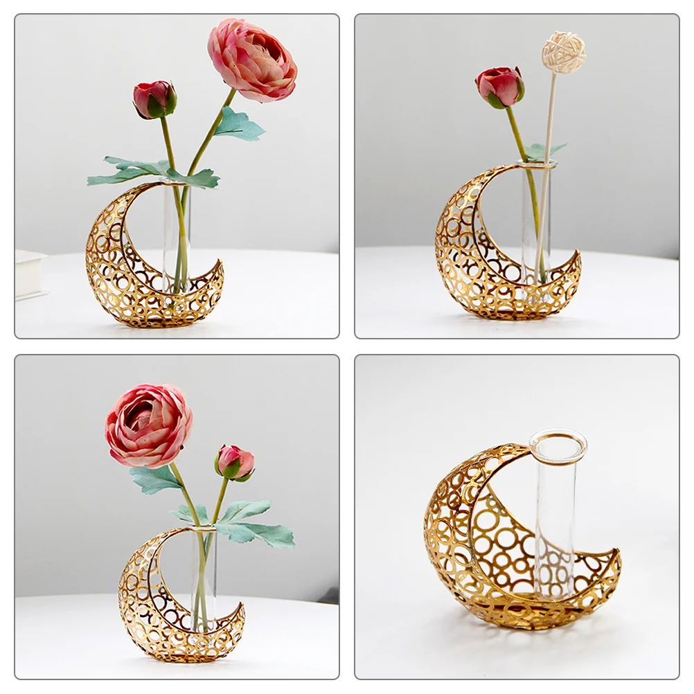 

Gold Iron Art Vase Water Planter Creative Moon Shaped Transparent Glass Flower Vase Living Room Bedroom Decor Water Planter