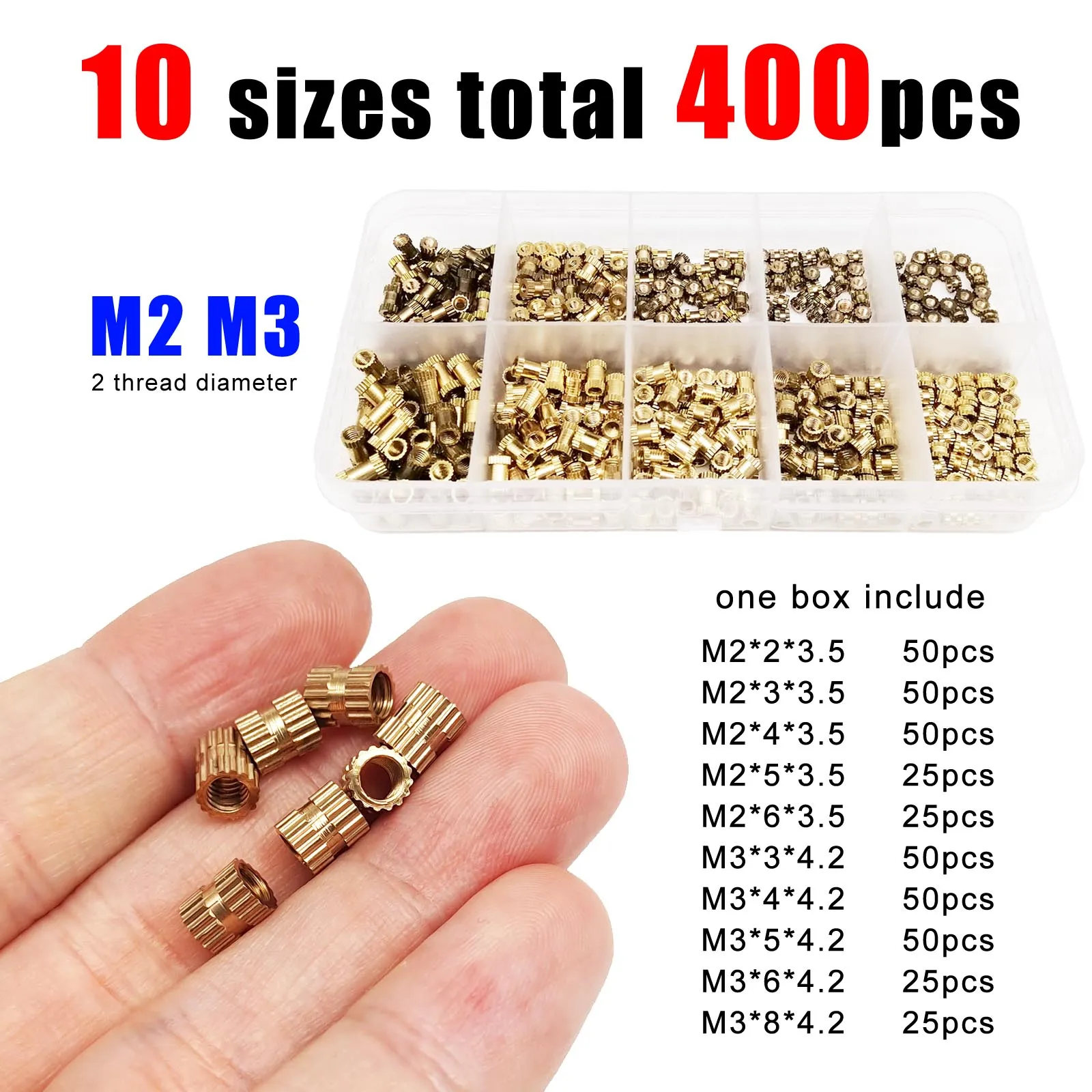 

400pcs Injection Molding Knurl Insert Nut Embedded Nutsert Assortment Set 10 Mix Size M2-3 Solid Brass Copper 3d Print Nutinsert