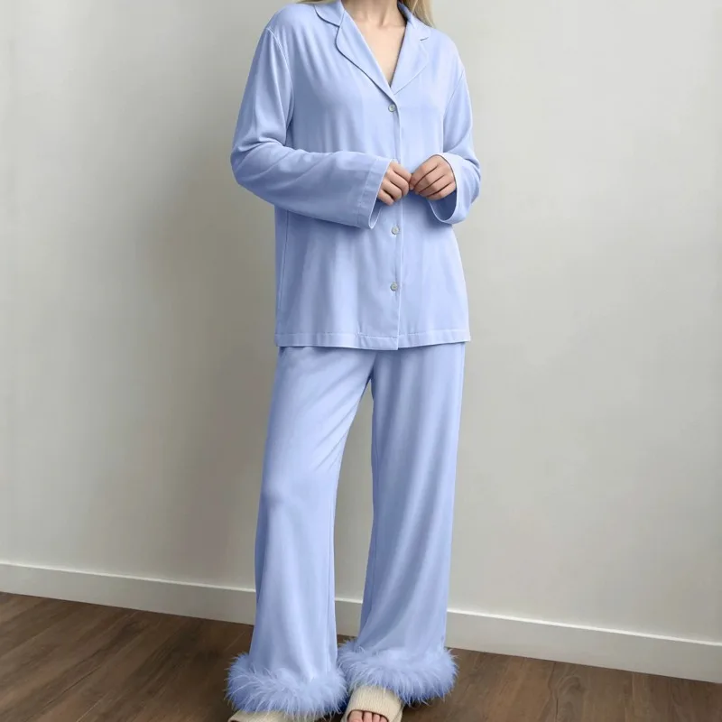 2026 New Women's Blue Long-Sleeved Pajama Set Feather Lace-Up Trousers Perfect Autumn and Winter Loungewear Long Pants Sleeves