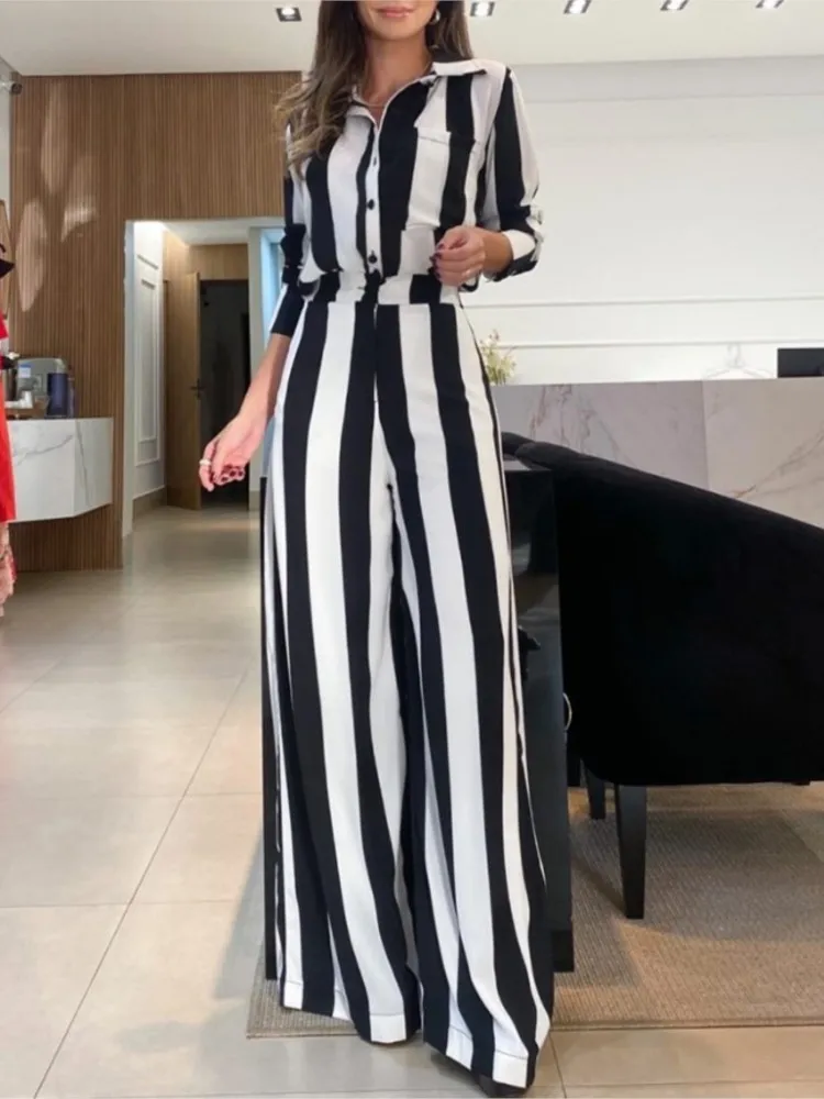 

Autumn Winter Fashion New Striped Print Two Piece Sets For Women Elegant Lapel Single Breasted Shirt Wide Leg Pant 2 Piece Set