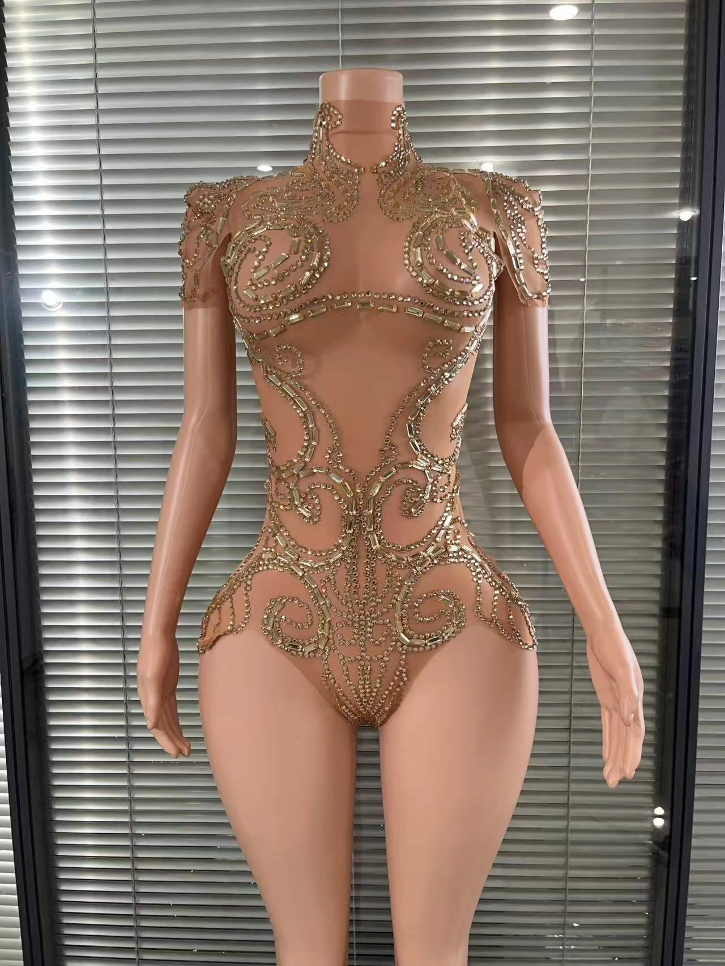 

Glamorous Shining Golden Rhinestone Mesh See Through Bodysuit Birthday Evening Party Celebrate Performance Nightclub Stage Wear