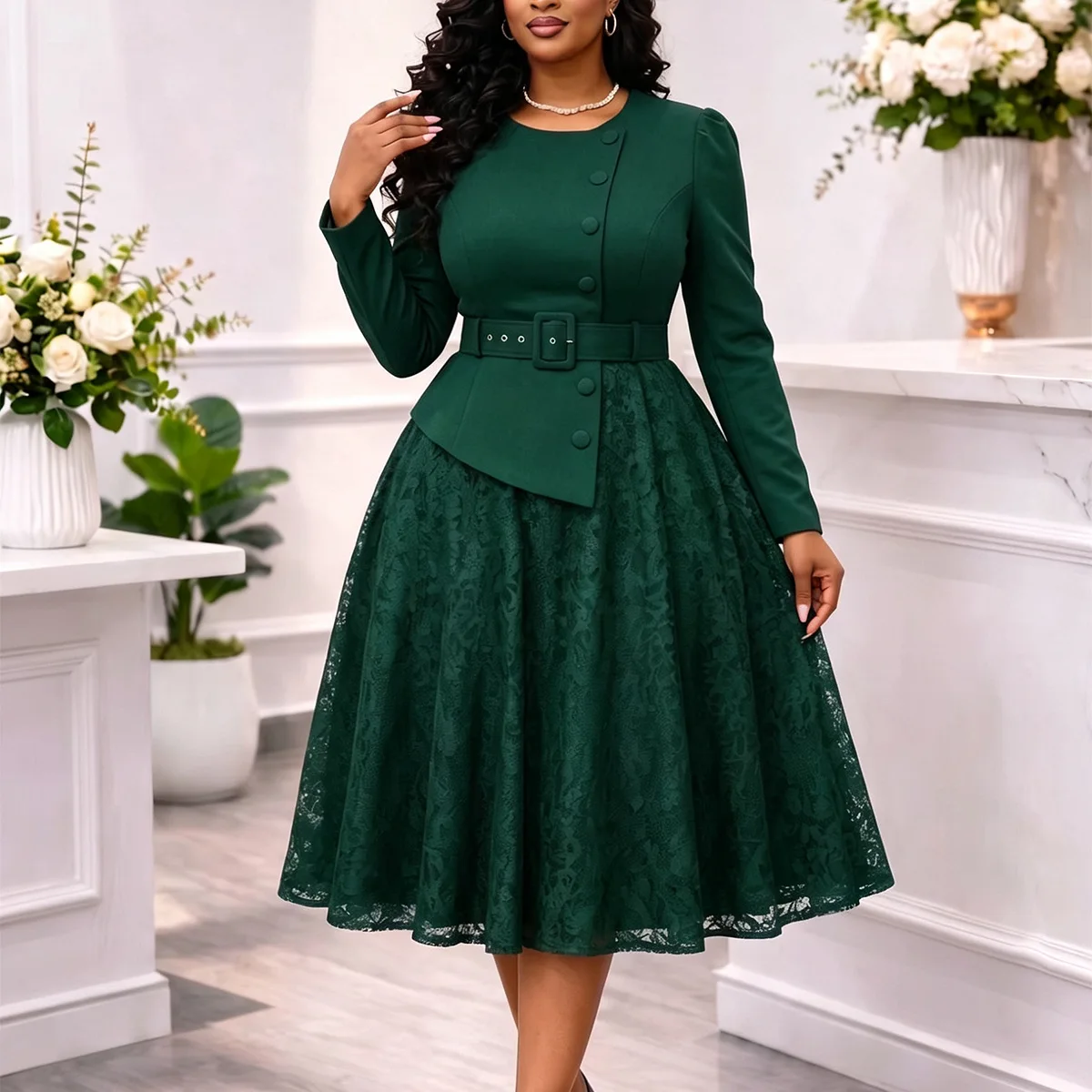 Dashiki African Party Evening Dresses for Women Autumn Elegant African Polyester Lace Patchwork Midi Dress Ankara Dresses