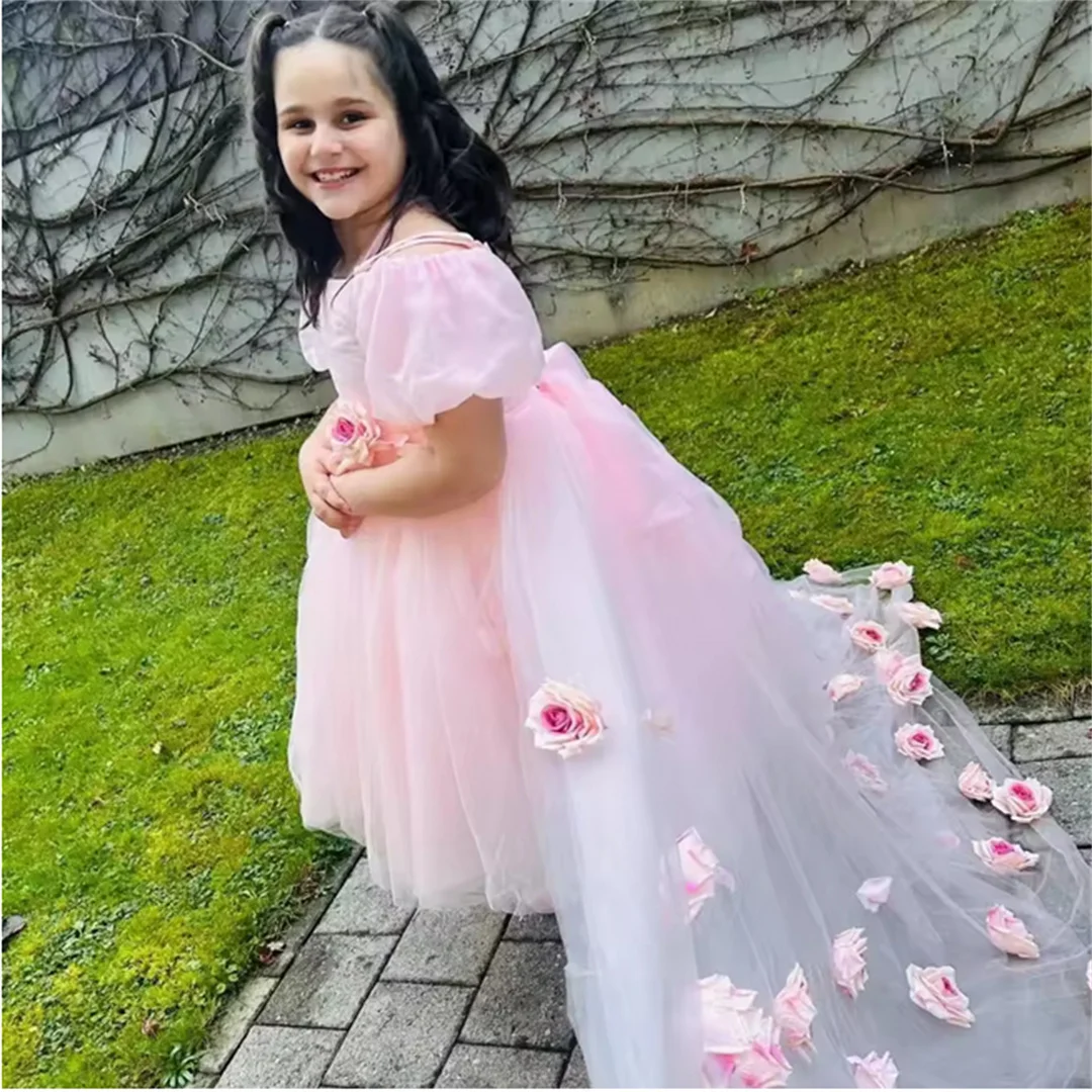 Bohemian Light Luxury Mesh Children's Beauty Pageant Dress Handmade Three-dimensional Floral Applique Trailing Flower Girl Dress