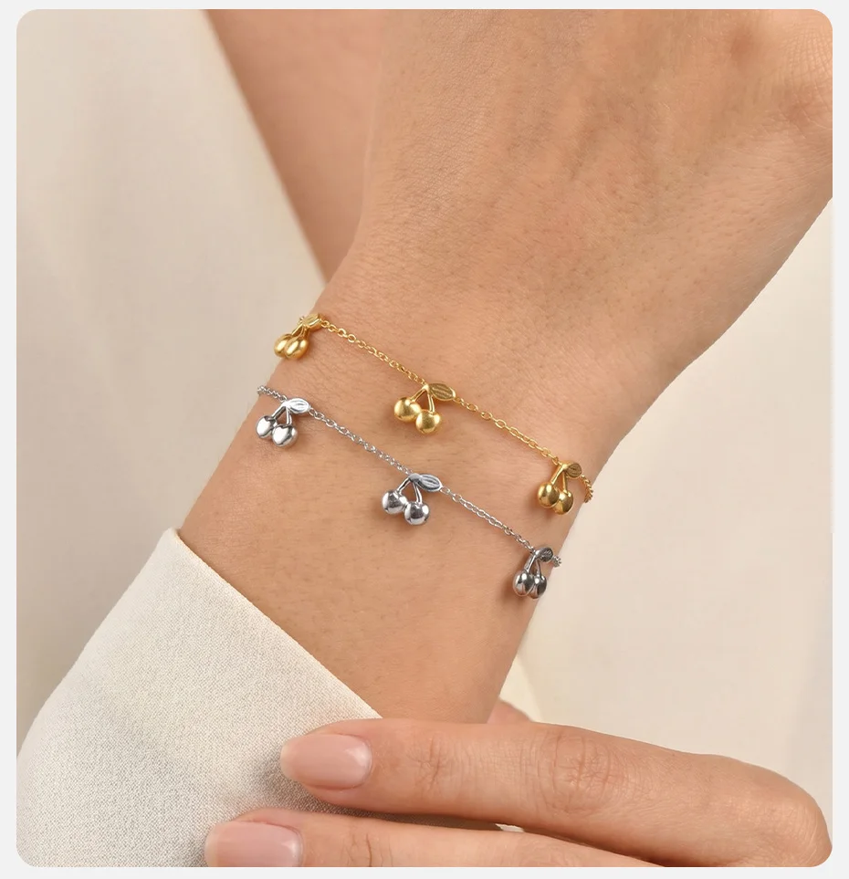 Vnox Vergoldetes Süßes Kirsch-Charm-Armband für Frauen Edelstahl Gliederkette Niedliches Zierliches Früchte-Serie Armband Schmuck – Detail 3