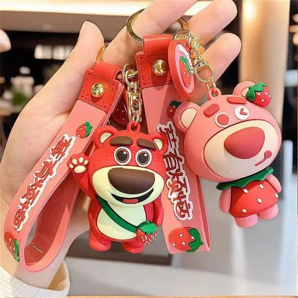 Anime Toy Story Strawberry Bear Lotso Keychain Figure Cosplay Bag Pendant Keyring Collectible Model Jewelry