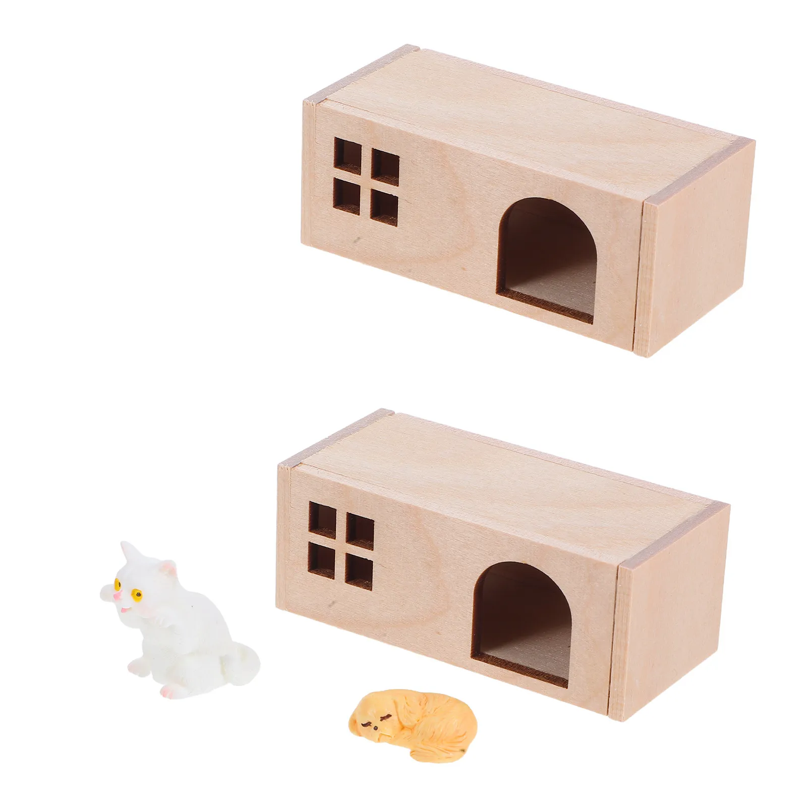 1Set Pet House Decorations Realistic Miniature Dog Cat Figures Resin Wooden 1 12 Scale Dollhouse Accessories Playset for Pretend view 2
