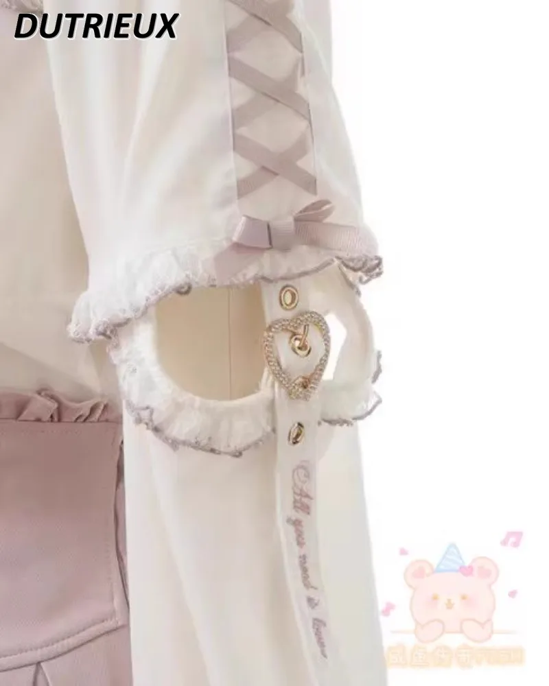 봄과 가을 새로운 진주 레이스 사랑 수 놓은 탑 분리형 긴 소매 광산 시리즈 대량 생산 달콤한 귀여운 셔츠