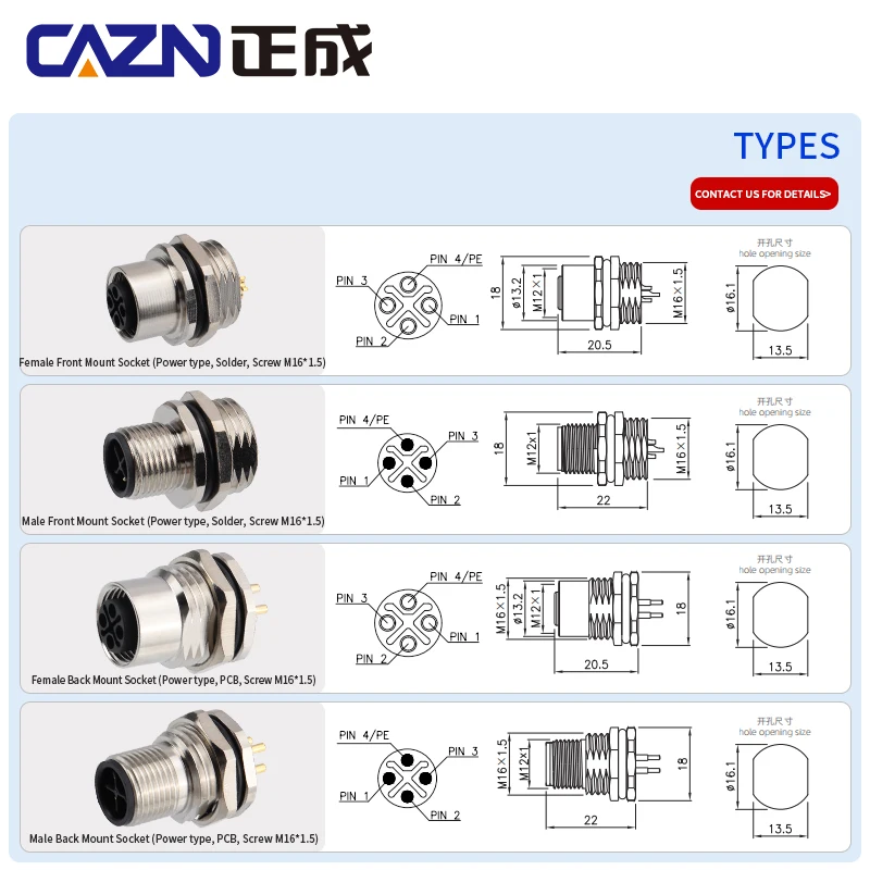 Factory M12 solder PCB Type Mount Socket Male Female 2+PE 3+PE Pins S Code Waterproof IP67 Female Male Socket