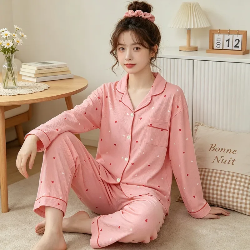 Wrinkled Fabric New Women's Pajamas, Long Sleeve and Long Pants, Comfortable and Soft Loungewear Set for Spring and Autumn