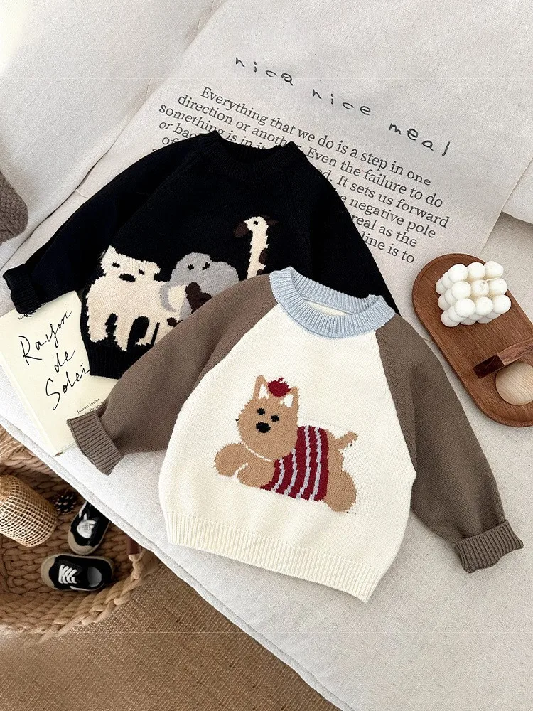

Korean Sle Baby Clothes Spring Autumn ex Cartoon round Ne Knitted Sweater Versatile M Infant Toddler Knitwear Top