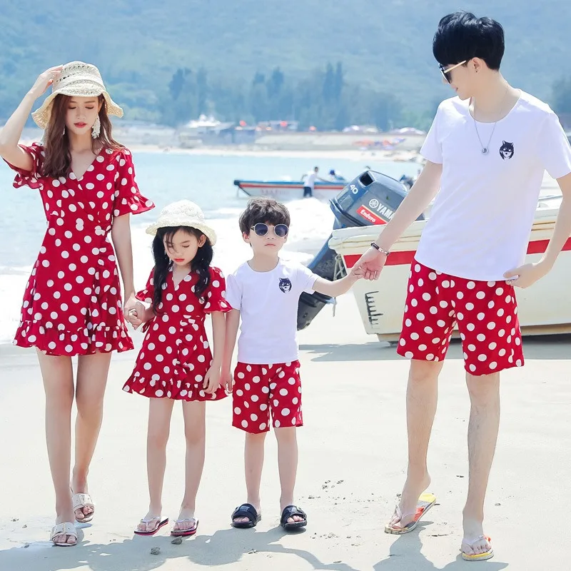 Family Matching Clothes Red and White Polka Dot Mom and Daughter Beach Dresses Dad and Son White T Shirts + Short Two Piece Sets