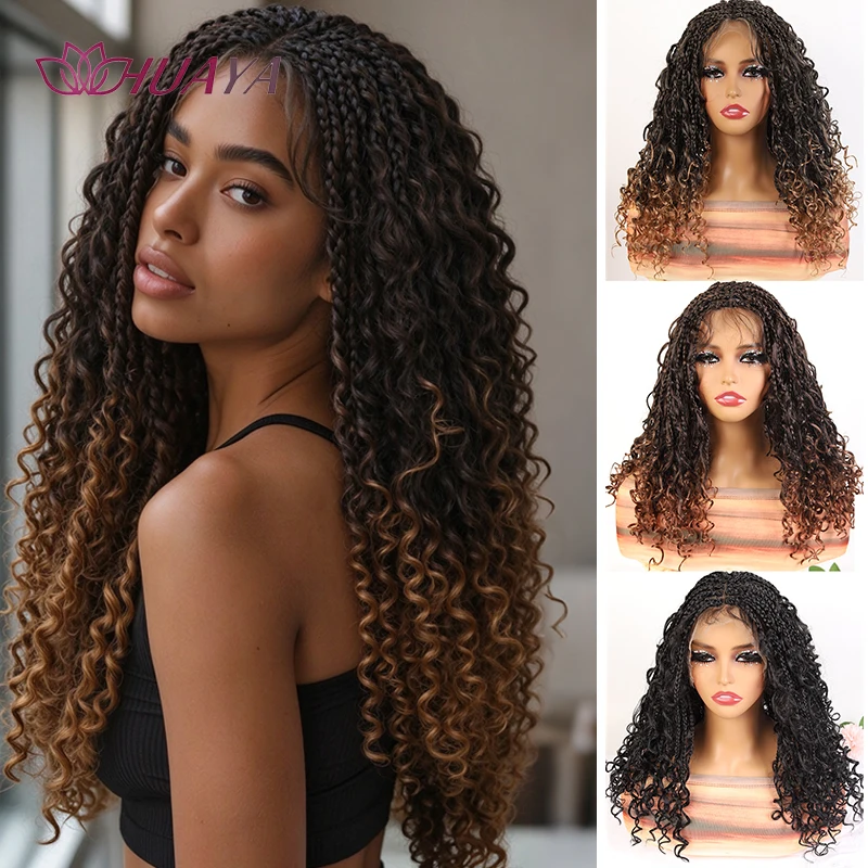 16 Inch Boho Goddess Box Braided Wig Synthetic Lace Front Wig With Baby Hair Curly Ends Ombre Braids Wigs For Women