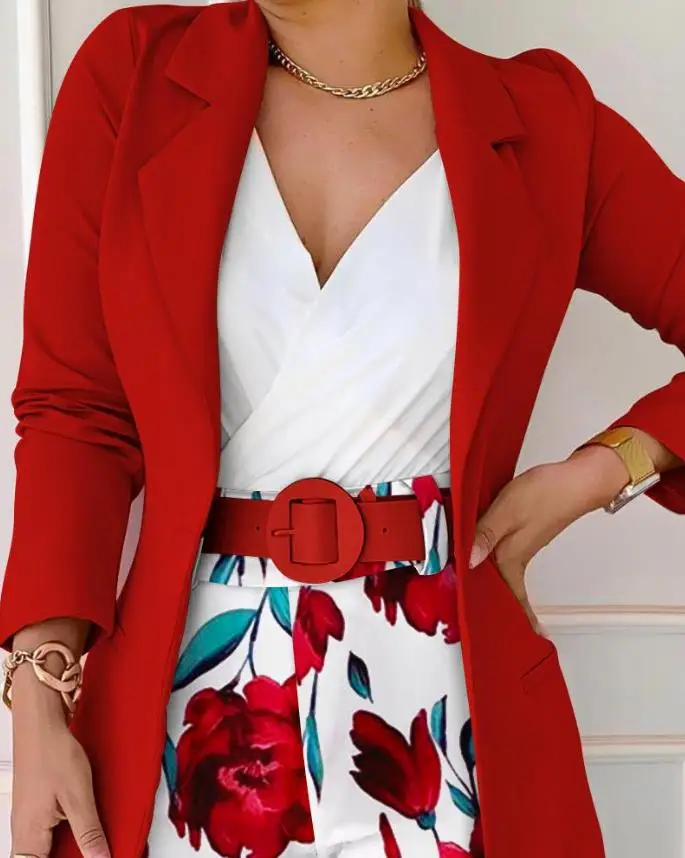 Ensemble blazer à manches longues et short à imprimé floral pour femmes avec ceinture, tenues décontractées, vêtements féminins, nouvelle mode, 2023