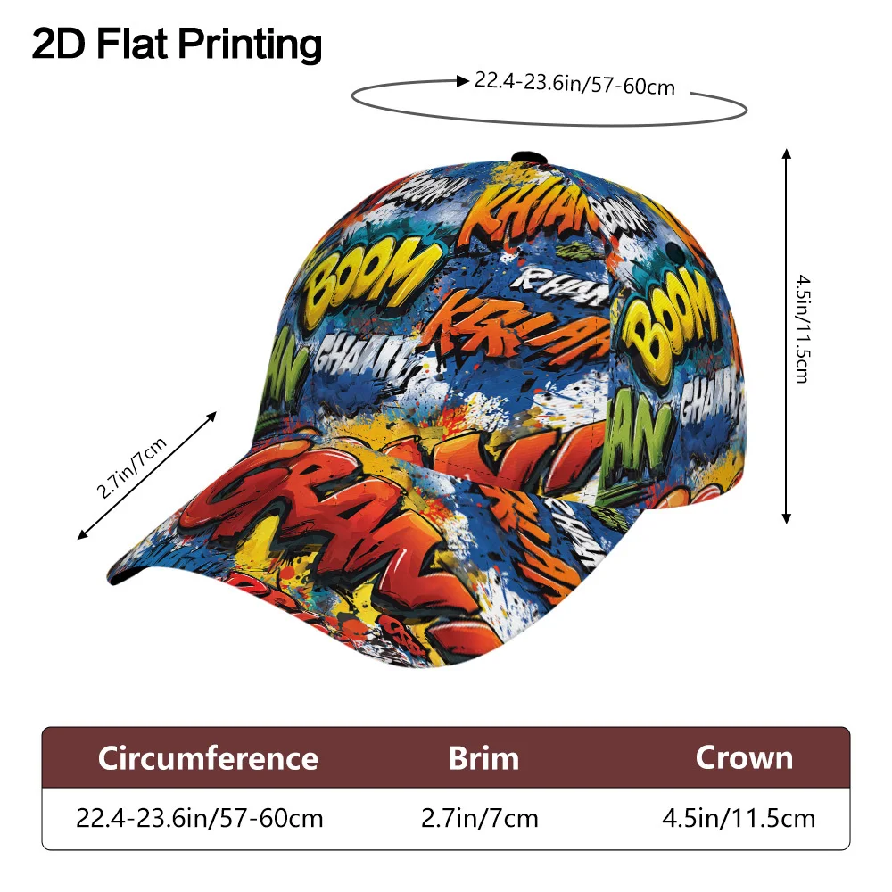 Colorful Comic Words Sports Sun Hat Breathable Polyester Snapback Cap with Printed Design Great for Baseball and Outdoor