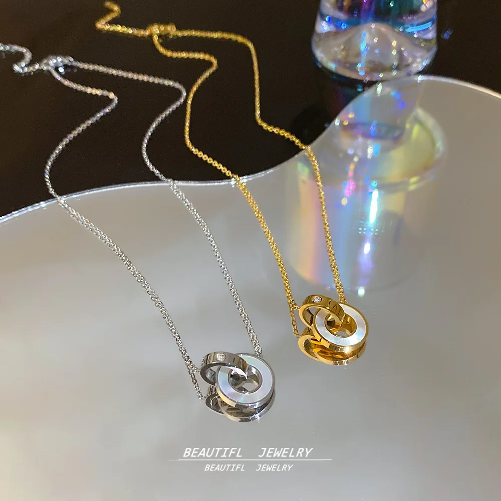 Exquisite jewelry fashionable and personalized double-ring titanium steel necklace accessories women's summer temperament