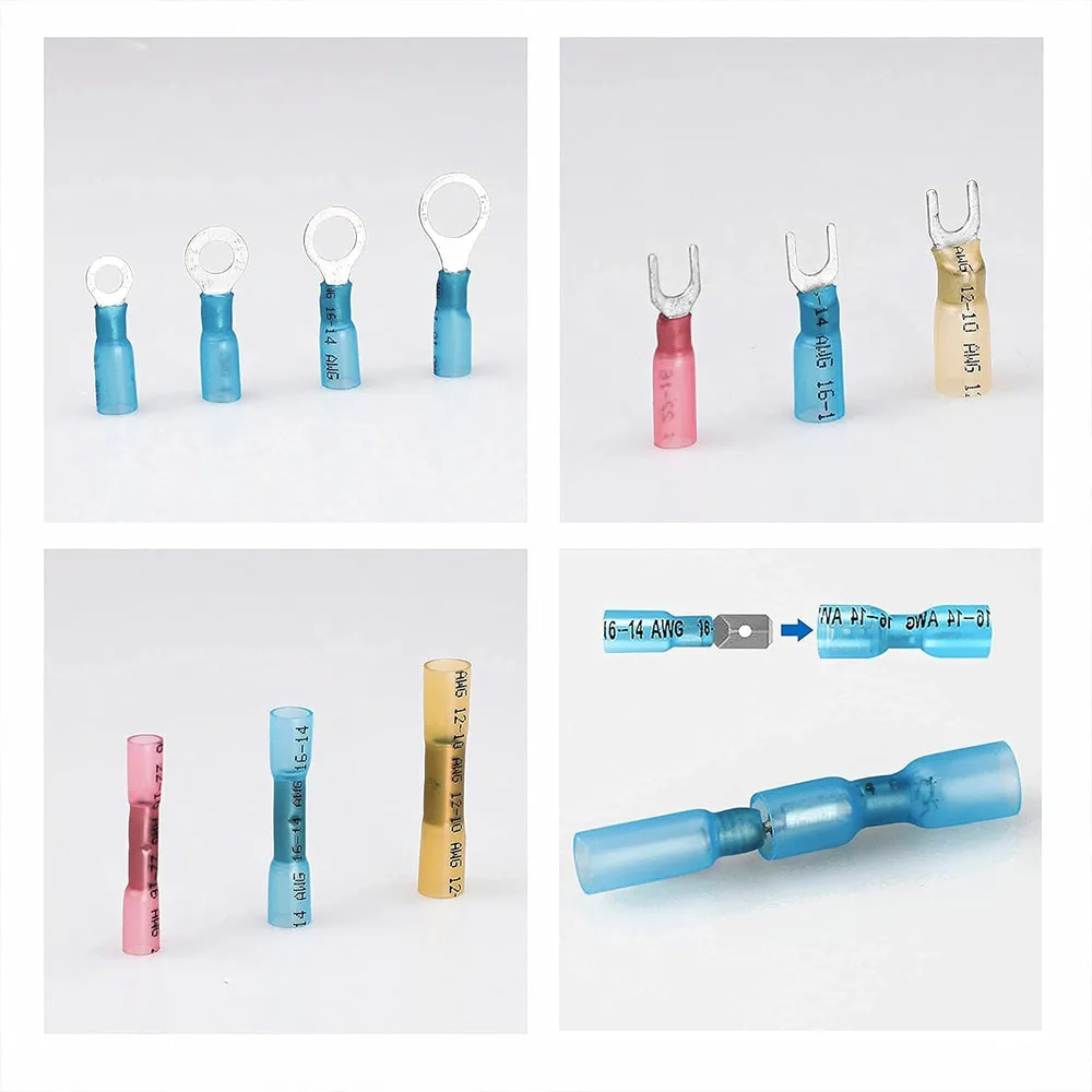 720PCS Heat Shrink Wire Connectors Electrical Waterproof Crimp Butt Terminals Include Insulated Rings Forks Spade Butt Splices