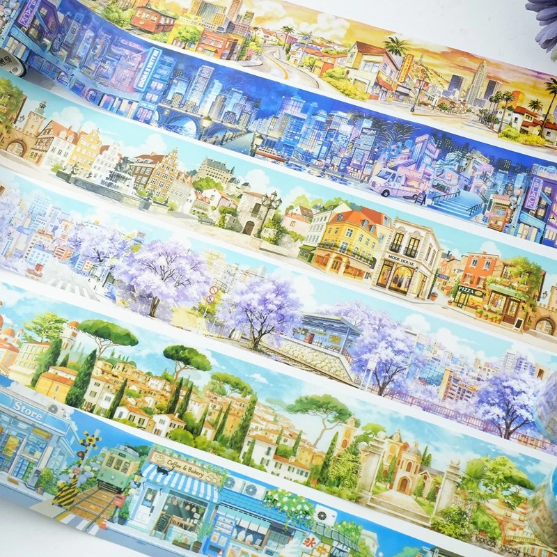White Ink PET Washi Tape Strolling Long Street Series, Scene‑Building Decorative Tape, Scrapbook Journal DIY Craft Material