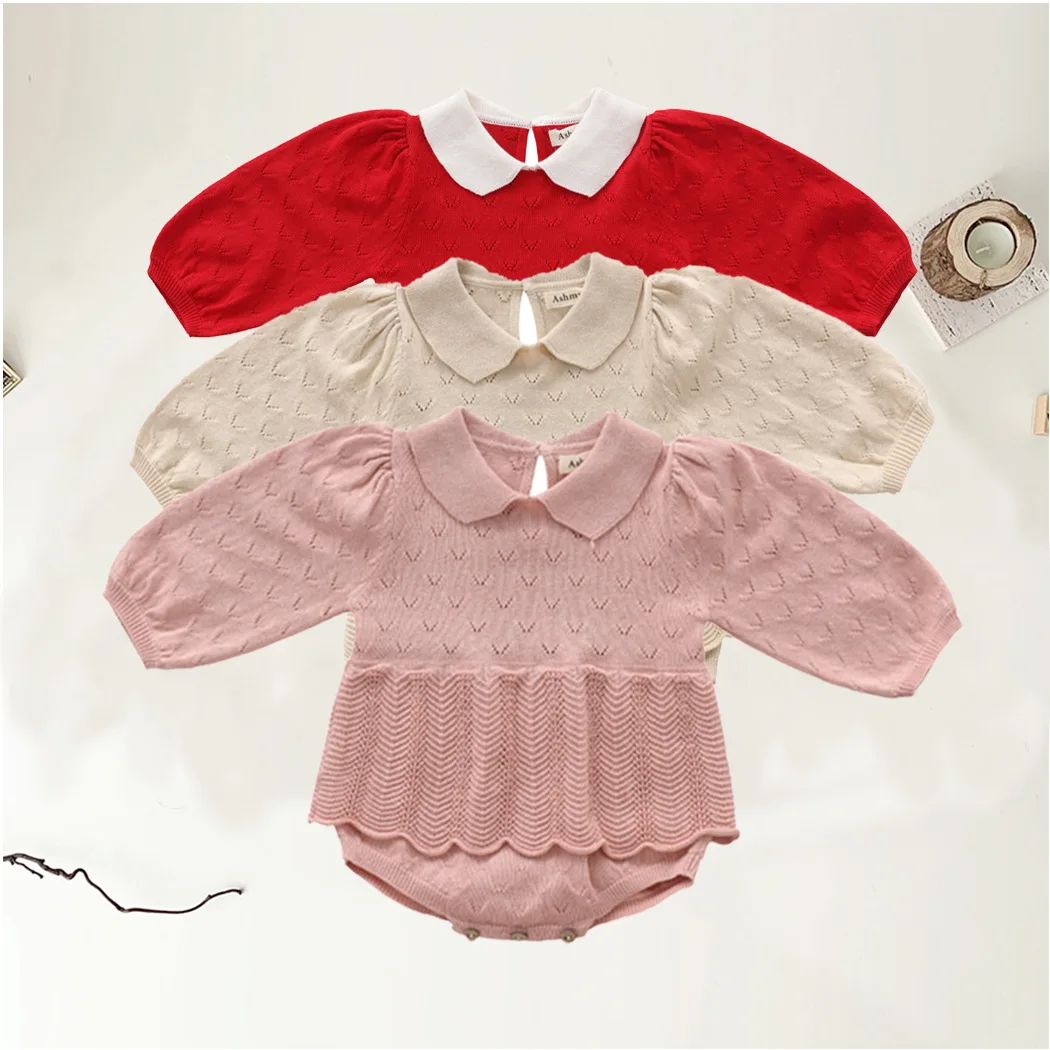 Infant Knit Jumpsuit Turn Down Collar Ear Crawler Baby Girl Fall Winter Long Sleeve Hollow Triangle Romper Dress