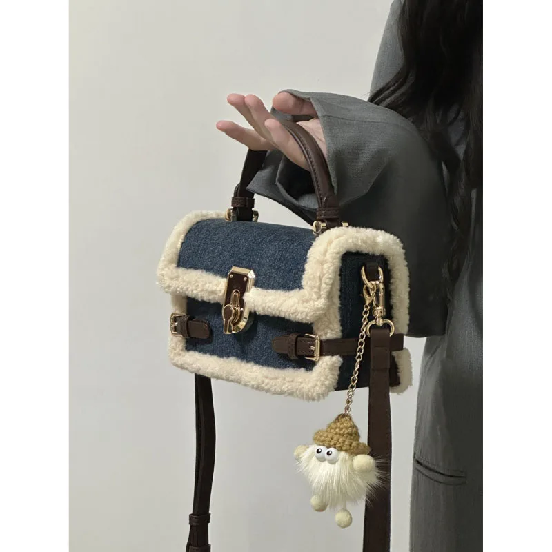 Autumn Winter Denim Lamb Wool Crossbody Bag High-End Design Sense Splice Small Square Bag 2023 New Popular Shoulder Pack Women