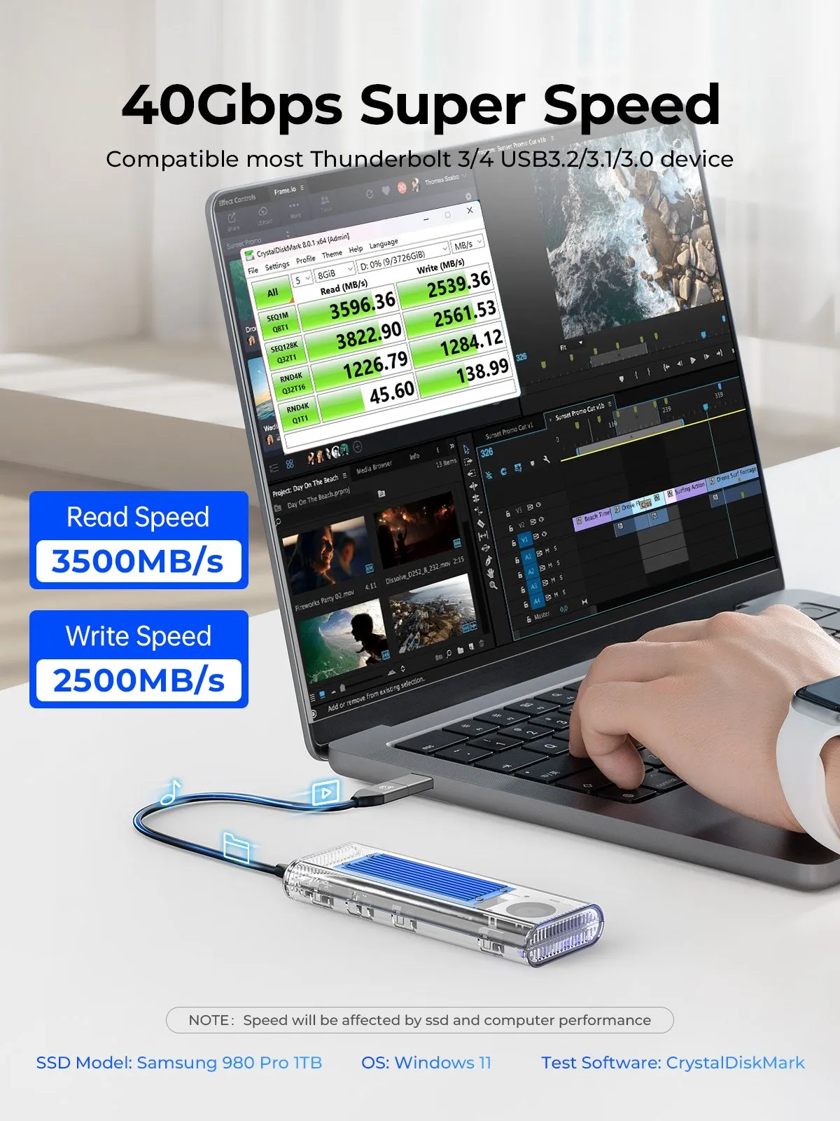 ORICO-SSD portátil com USB 4 M.2 Gabinete, 512GB, 1TB, 2TB, NVMe, 40Gbps, PSSD, Editor de vídeo, Desktop, PC, Laptop