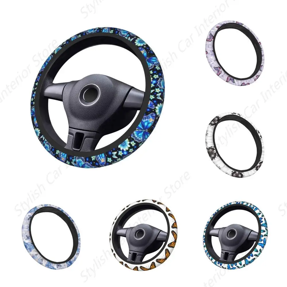 Blue Butterfly Universal Steering Wheel Cover for Men Women, Soft Anti Slip Stretch Neoprene Steering Wheel Covers Car Protector