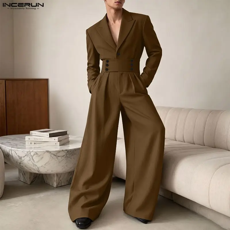 INCERUN Men's Jumpsuits Solid Color Lapel Long Sleeve Elegant Casual Overalls For Man Loose Streetwear 2026 Fashion Male Rompers