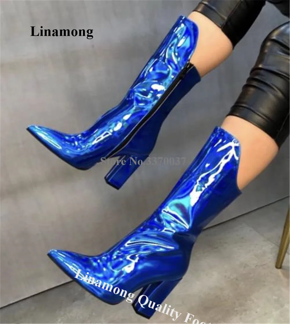 

Linamong Patent Leather Chunky Heel Short Boots Fashion Blue Pink Black Pointed Toe Thick Heel Ankle Booties Big Size Boots