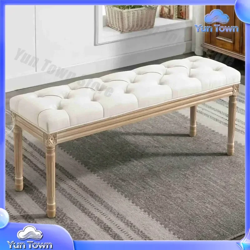 Vintage French Tufted Bed Bench for Bedroom Entryway Living Room Piano Stool Hand-Carved Wood Legs Multi-Scenario Use Home