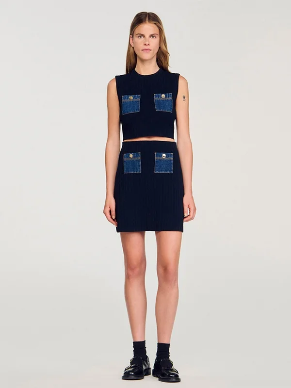 Slim-Fit-Denim-Patchwork-Ripprock, hohe Taille, A-Linie, Silhouette, gestrickter Stoff, Pendlerrock, f-lange Röcke