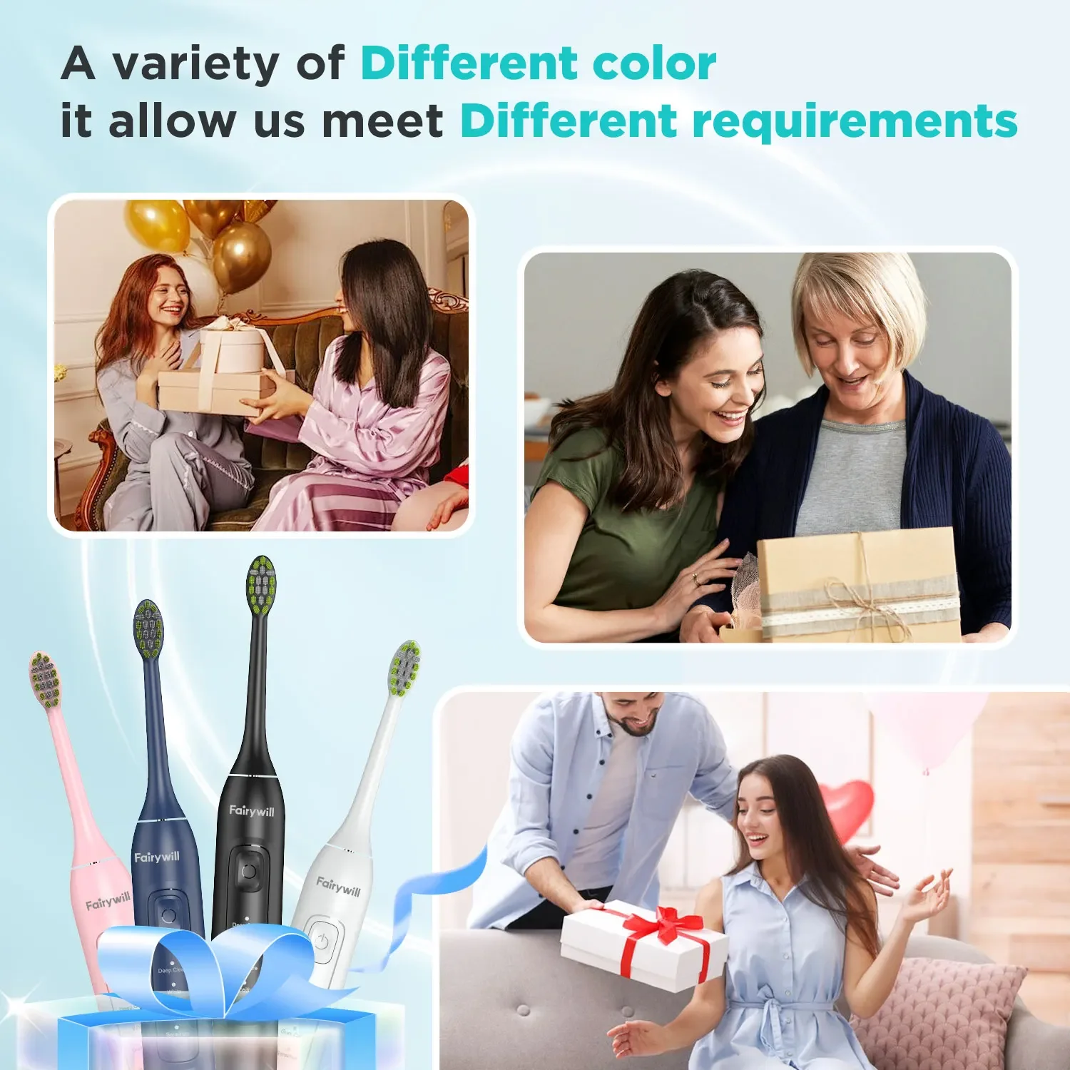 Fairywill فرشاة أسنان كهربائية بالموجات الصوتية USB تهمة FW-Y05 قابلة للشحن مقاوم للماء فرشاة الأسنان الإلكترونية استبدال رؤساء الكبار T