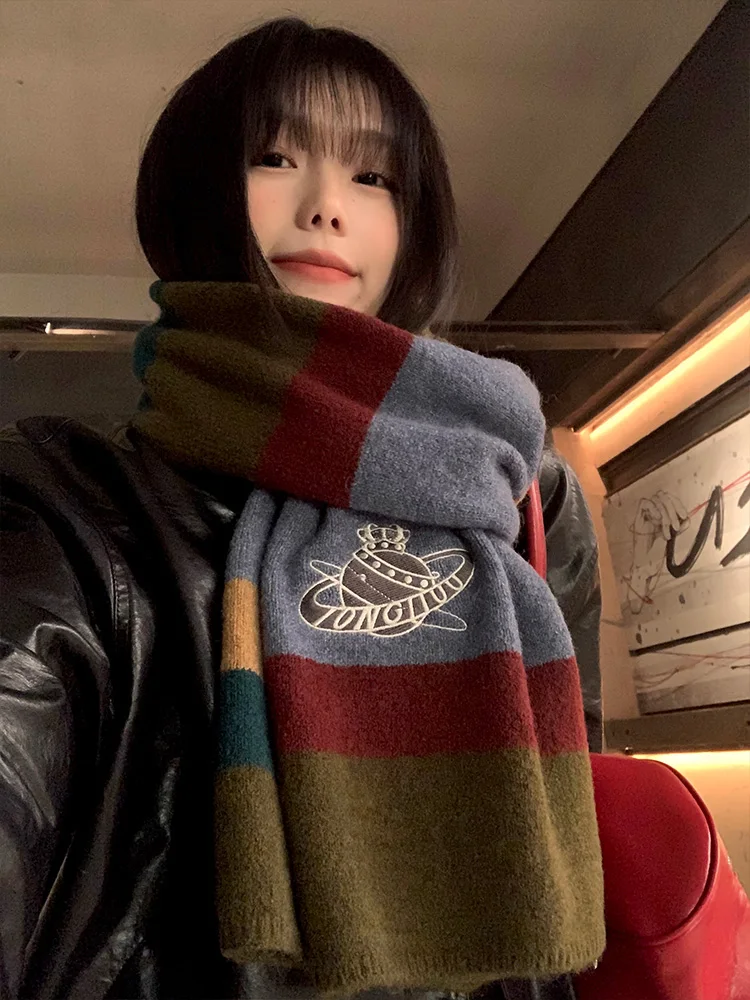 

Милый полосатый вязаный шарф с вышивкой Pl, женский зимний новый теплый морозостойкий студенческий теплый многофункциональный L...