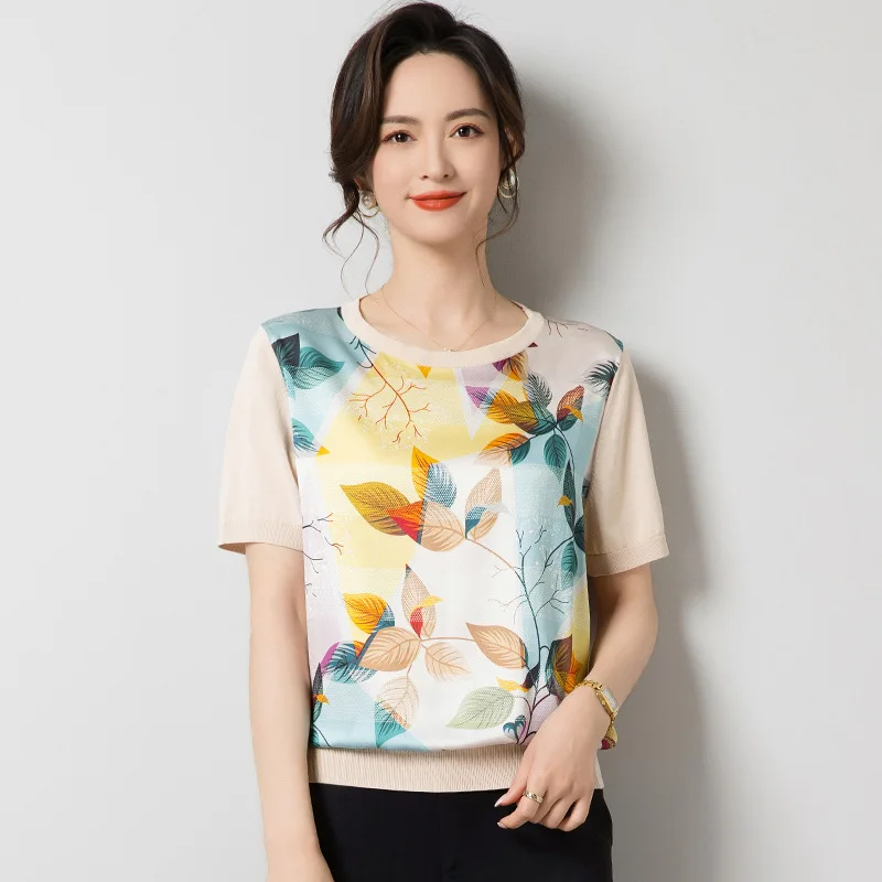 

Birdsky, 1PC Women pullover sweater tee T shirt top short sleeve 90% mulberry silk 10% spandex print, S-1042