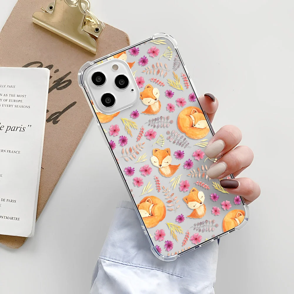 Foxes Flowers Leaves Phone Case for iPhone 15 14 13 12 11 Pro X XS XR Max 7 8 Plus Se 3 Mini Shockproof Soft Clear TPU Cover