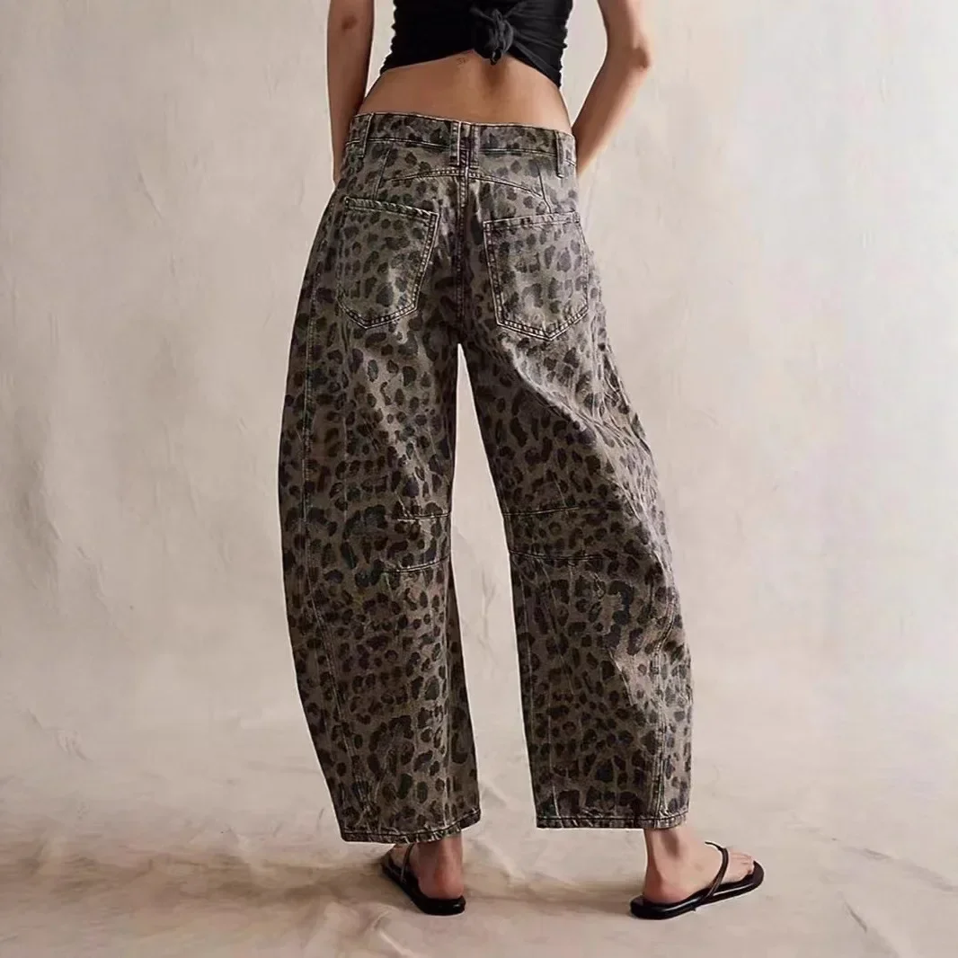 Celana Jeans Wanita High Waist Motif Leopard Model Straight Leg Gaya Musim Gugur Terbaru Desain Cross-Border Trendi dan Kasual