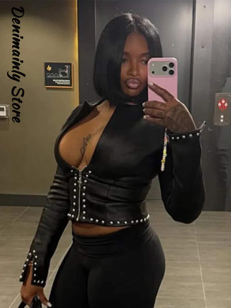 Fashion Studded Trim Cropped Zip-Up Jacket Skirt Set Women Slim Short Jacket Mini Skirts 2026 Spring Lady Chic Street Outfit New view 3