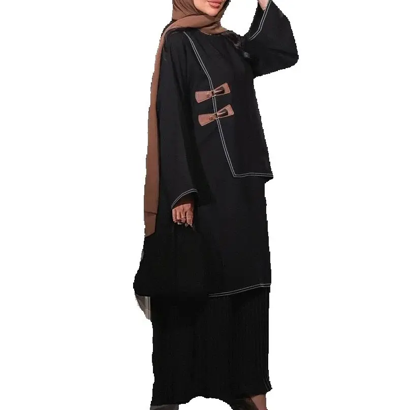 

Ramadan Leather Buckle Abayas for Women Modest Muslim Dress Dubai Kaftan Kebaya Caftan Marocain Femme Robe Islam Jalabiya Abaya