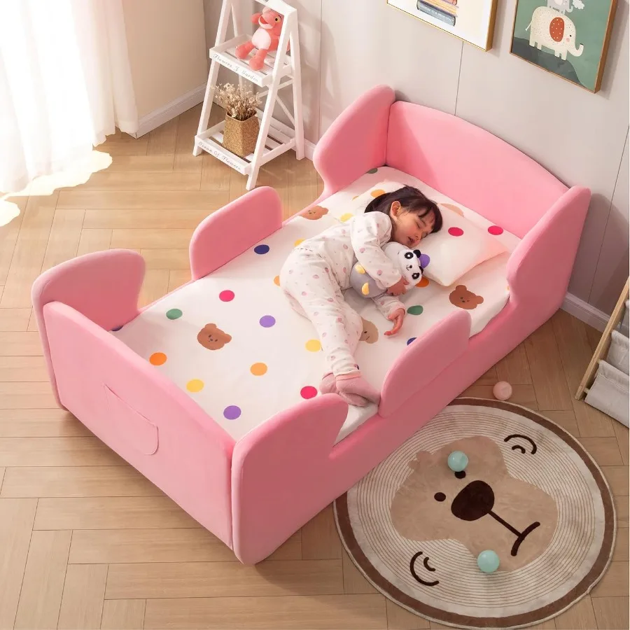 

Toddler Floor Bed Frame with Removable Safety Rails and Storage Bag Bed for Girls and Boys Standard Crib Size Portable Beds Saf