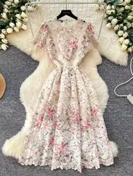 Fashion Light Luxury Hook Flower Hollow Lace Dresses Women's Summer New O-Neck Slim A-line Long Dress Elegant Party Dress