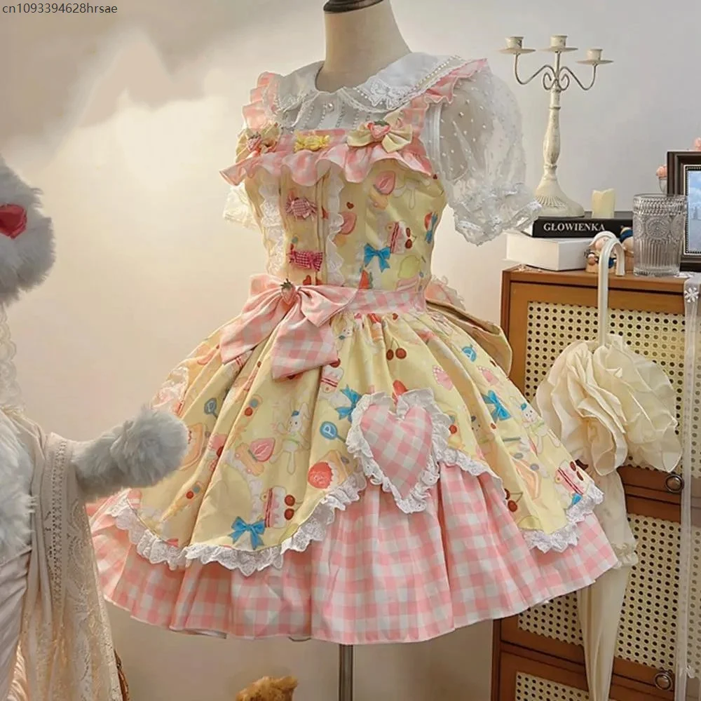

2025 summer new Soft Girls Bow Plaided Party Women Fungus Dress Sweet Printed Cherry Lolita JSK Dress Loli Dresses Female
