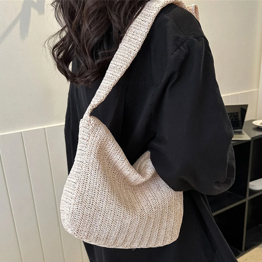 Bolsa de tecido de palha para senhoras, bolsa artesanal, monocromática, casual, simples, portátil, elegante, macia, férias à beira-mar, moda, verão