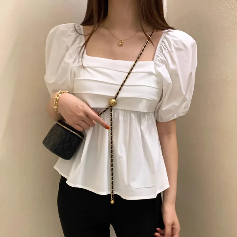 Women's New One-shoulder Square Collar Puff Sleeve Short-sleeved Shirt