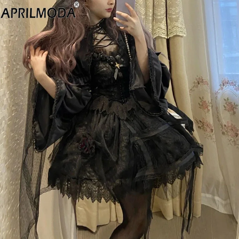 Abito Lolita in pizzo Kawaii in stile giapponese vittoriano gotico Vintage Girl Sweet Princess Holiday Party Robe Women Black Sling Dress