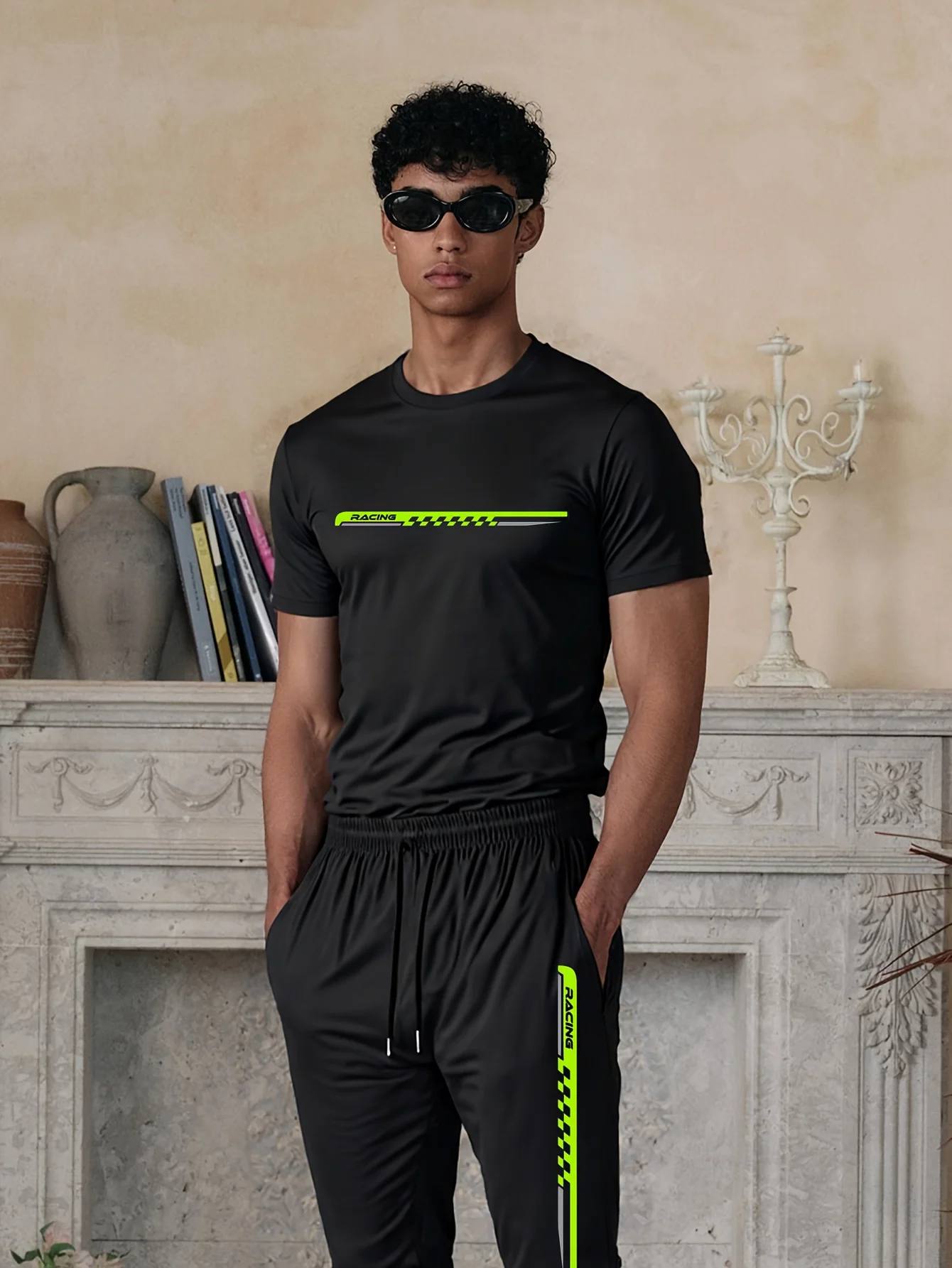 

Men's 2-Piece Cotton Summer Set: Mountain Triangle Pattern Cotton T-Shirt & Drawstring Joggers, Outdoor Casual Sports Wear